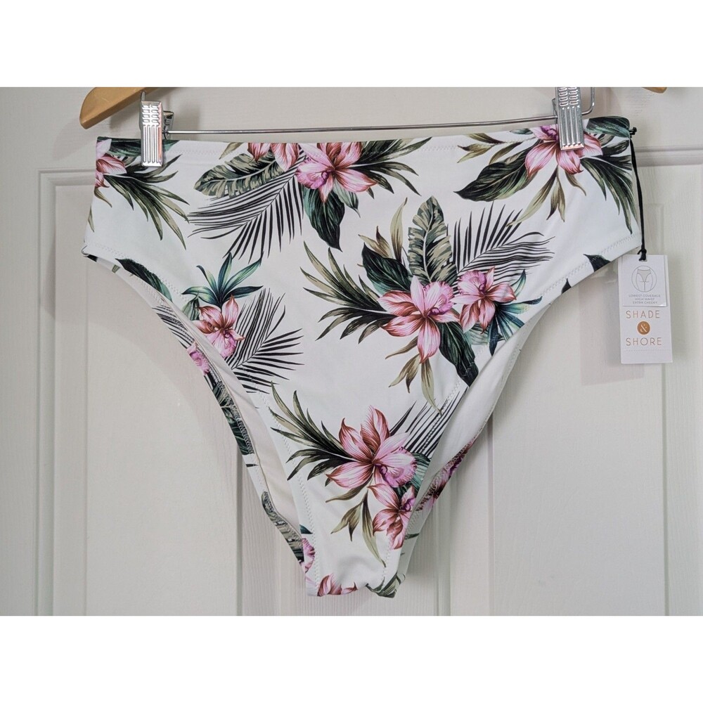 NWT Shade Shore High Waist Cheeky Bikini Bottom Large White Pink Hawaiian Floral
